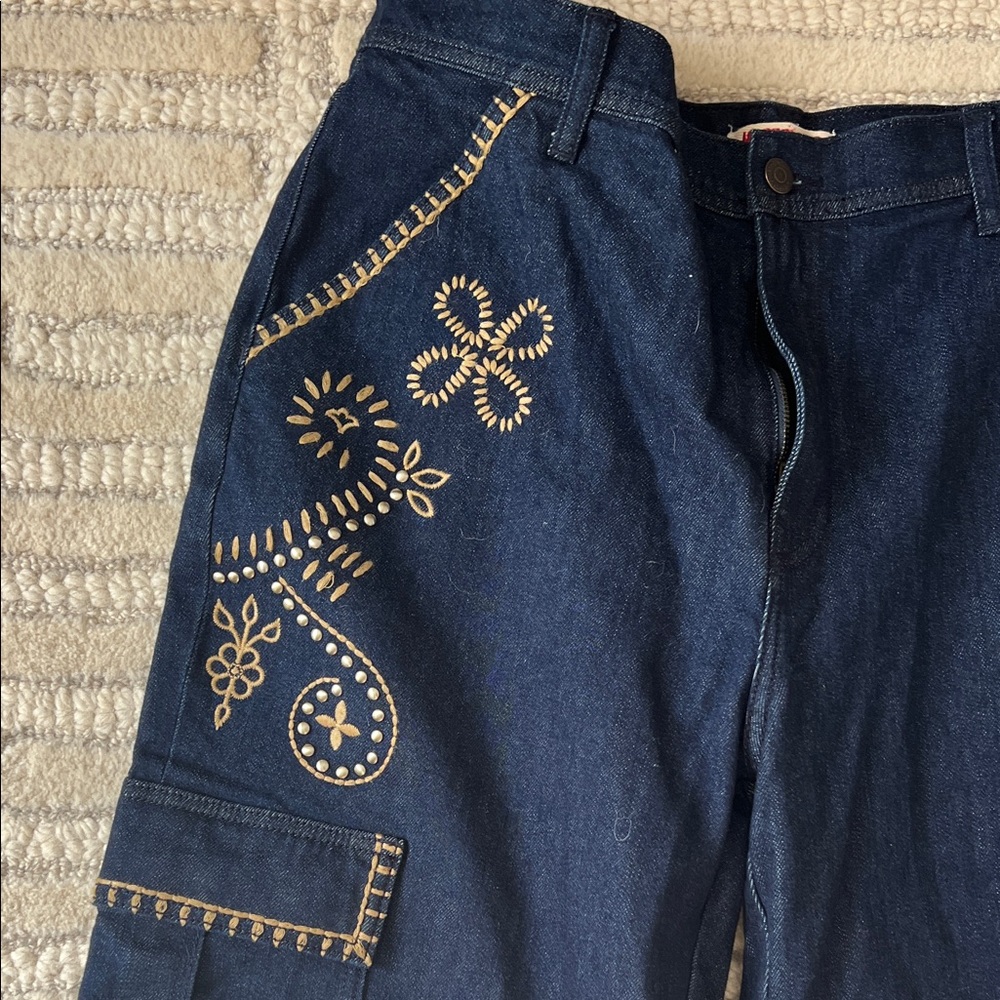 Johnny Was Dark Cargo Blue Jeans with  Patch detail - Picture 7 of 11